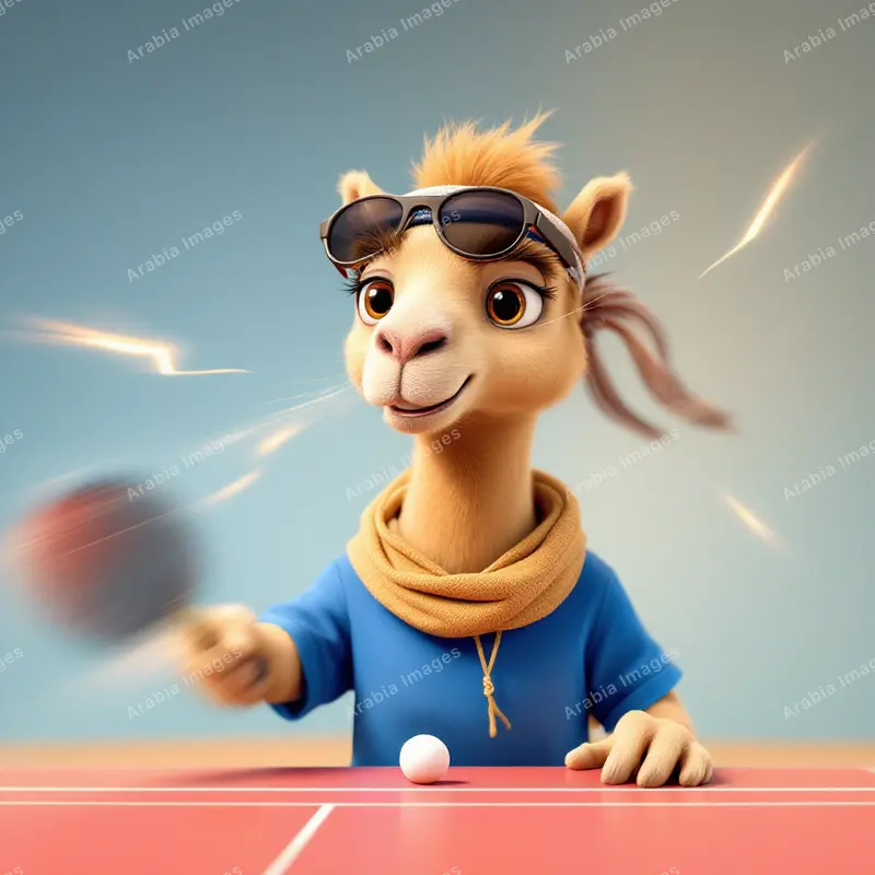 3D Cartoon Camel Playing Table Tennis in Sunglasses and a Scarf