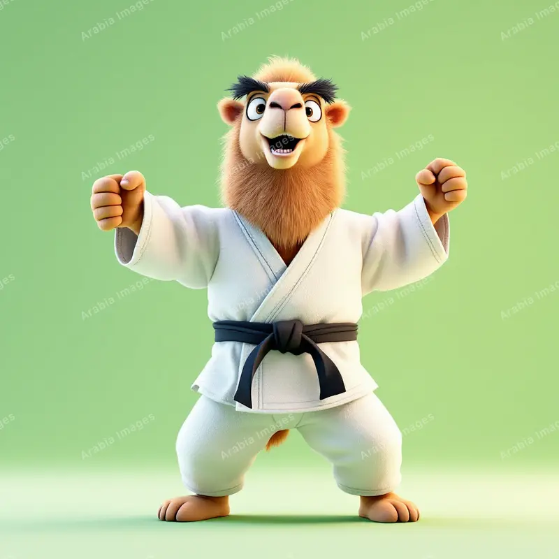 3D Cartoon Camel in a White Karate Gi with a Black Belt