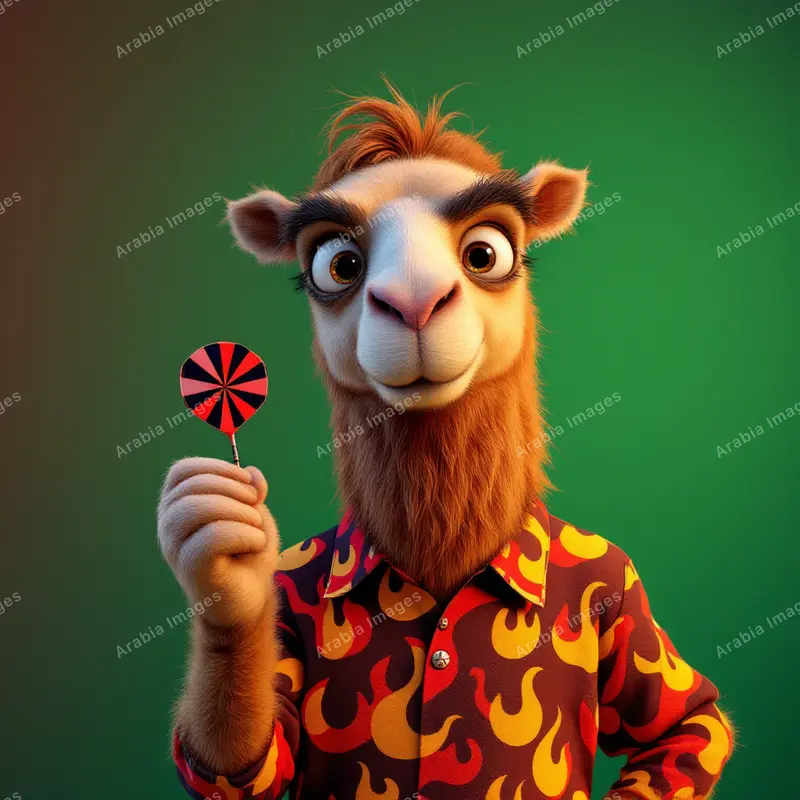 3D Cartoon Camel in a Flame-Print Shirt Holding a Striped Disc