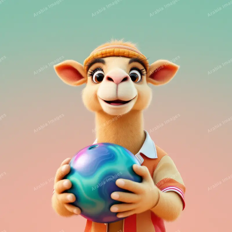3D Cartoon Camel Holding a Swirled Bowling Ball in a Polo Shirt