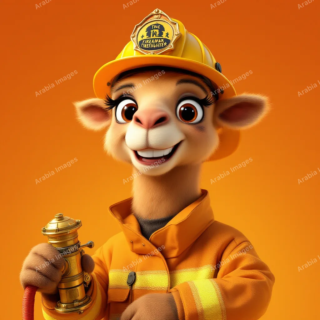 3D Cartoon Camel Firefighter in a Yellow Helmet with a Brass Nozzle