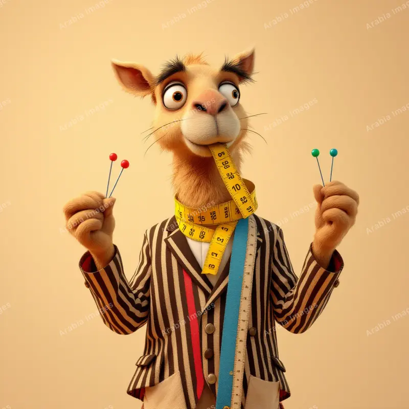 3D Cartoon Camel Tailor in a Striped Jacket with a Tape Measure