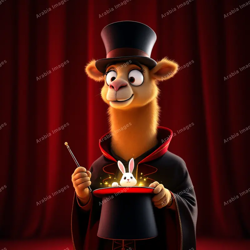 3D Cartoon Camel Magician Pulling a Rabbit from a Top Hat