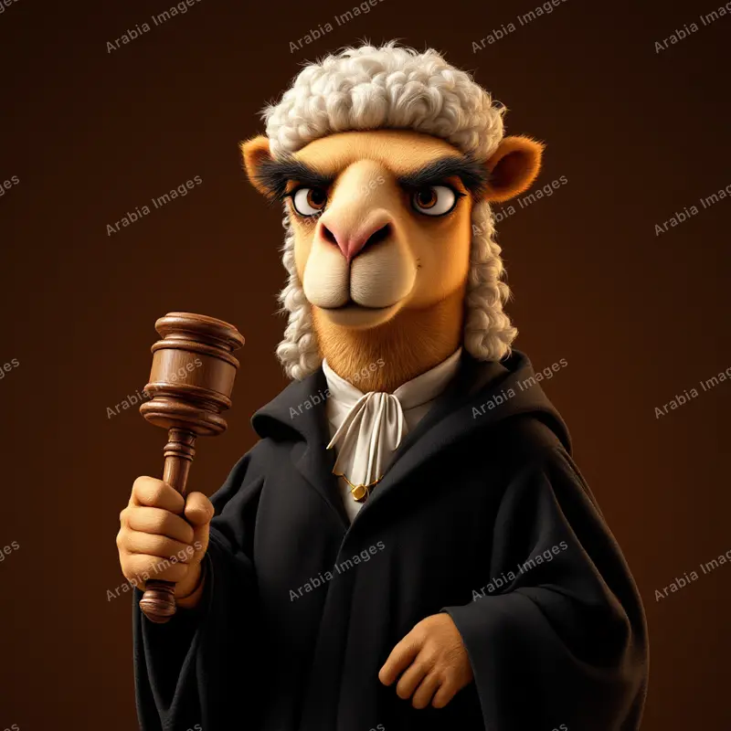 3D Cartoon Camel Judge in a White Wig Holding a Gavel