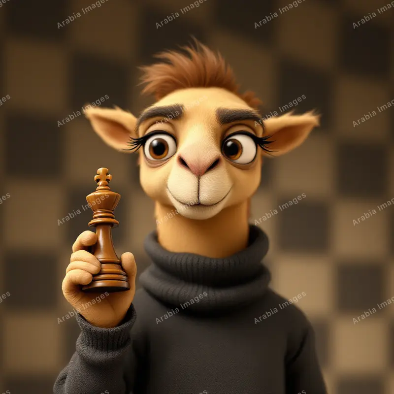 3D Cartoon Camel in a Grey Turtleneck Holding a Chess King