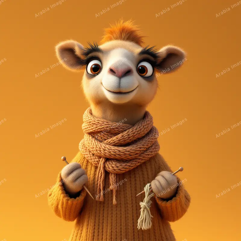 3D Cartoon Camel Knitting in a Chunky Scarf and Orange Sweater