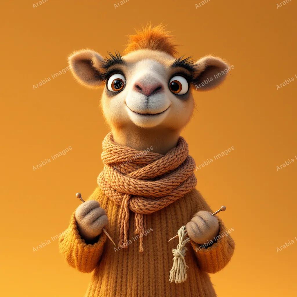 3D Cartoon Camel Knitting in a Chunky Scarf and Orange Sweater
