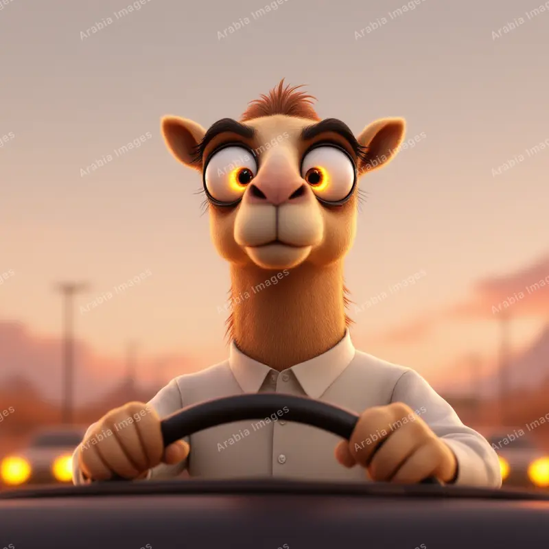 3D Cartoon Camel Gripping a Steering Wheel in Sunset Traffic