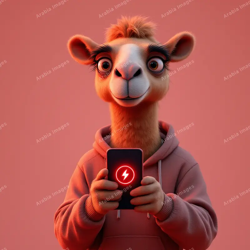 3D Cartoon Camel in a Red Hoodie Holding a Phone with a Charging Icon