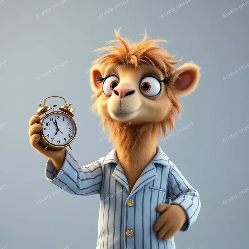 3D Cartoon Sleepy Camel in Striped Pyjamas Holding an Alarm Clock