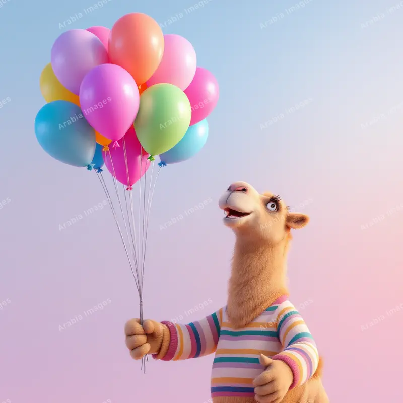 3D Cartoon Camel in a Striped Jumper Holding a Bunch of Balloons
