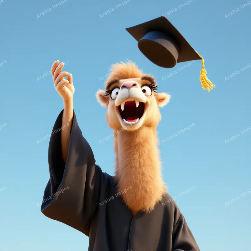 3D Cartoon Camel Graduate Tossing a Mortarboard into the Sky