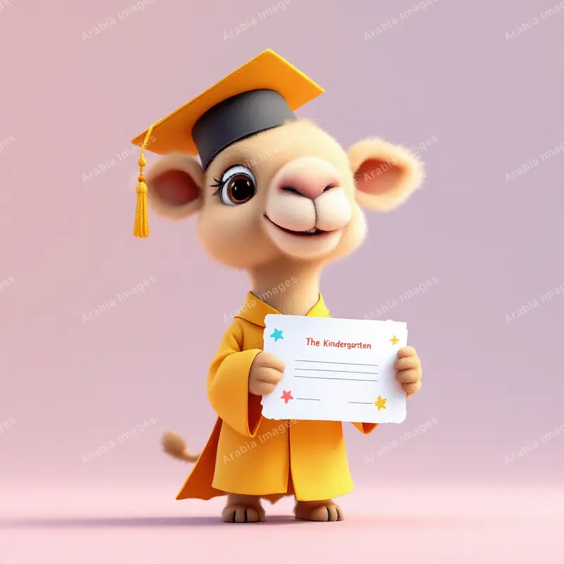 3D Cartoon Baby Camel in a Yellow Gown Holding a Certificate