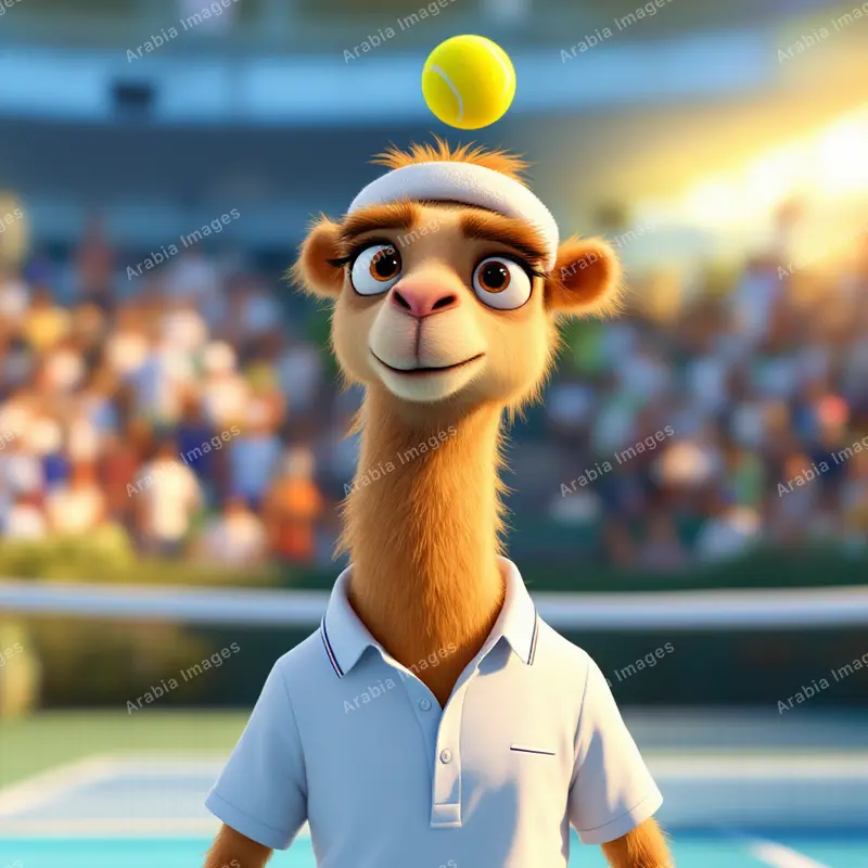 3D Cartoon Camel in a White Polo with a Tennis Ball Above Its Head