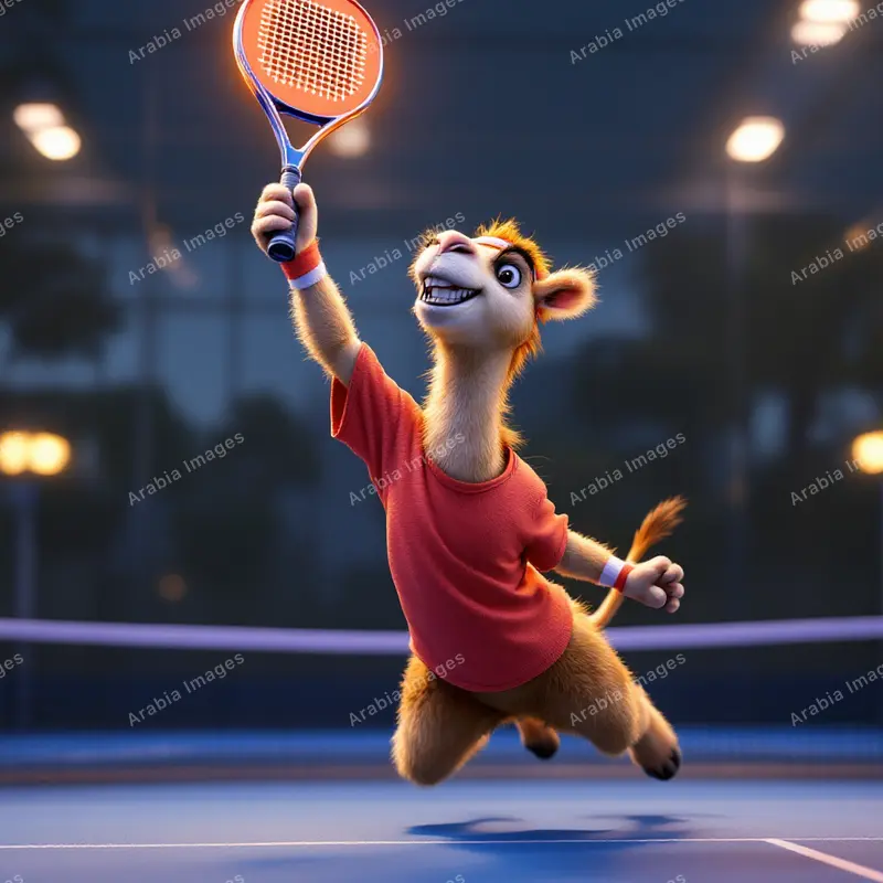 3D Cartoon Camel Leaping for a Smash on a Floodlit Court