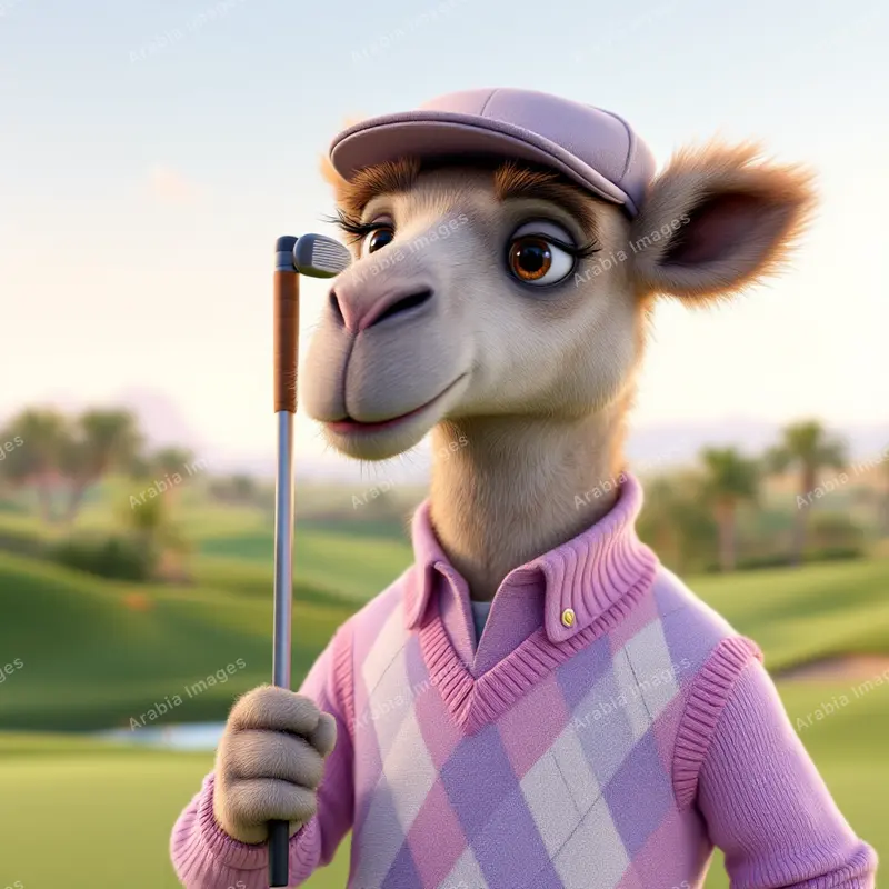 3D Cartoon Camel Golfer in a Lilac Cap and Argyle Sweater