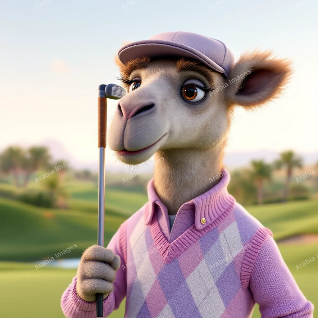 3D Cartoon Camel Golfer in a Lilac Cap and Argyle Sweater