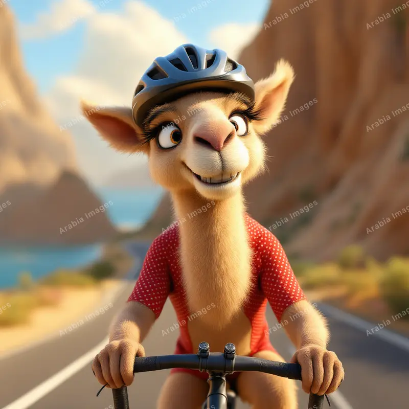 3D Cartoon Camel Cyclist in a Helmet on a Coastal Mountain Road