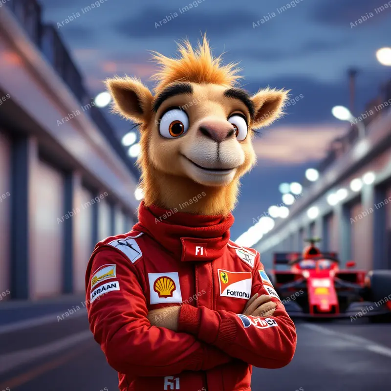 3D Cartoon Camel Racing Driver in a Red Suit in the Pit Lane