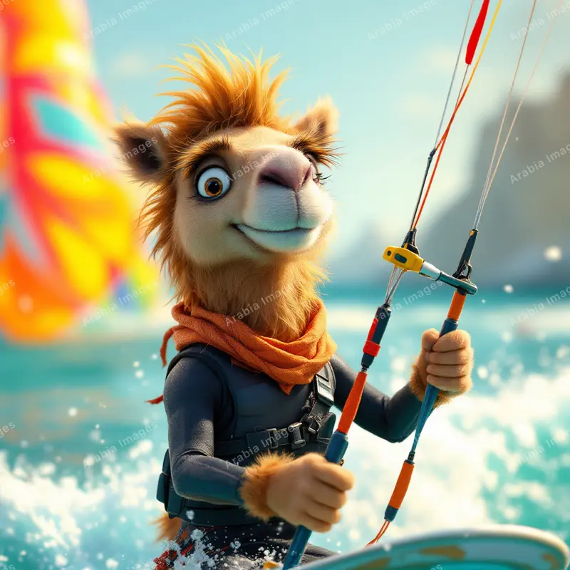 3D Cartoon Camel Kitesurfing in a Wetsuit and Orange Scarf