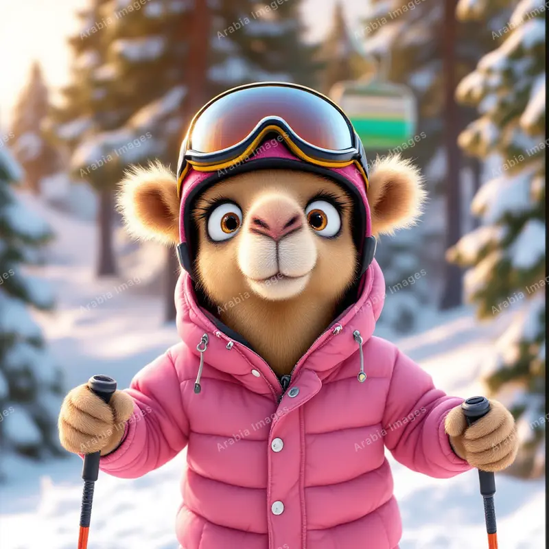 3D Cartoon Camel Skier in a Pink Puffer Jacket and Goggles