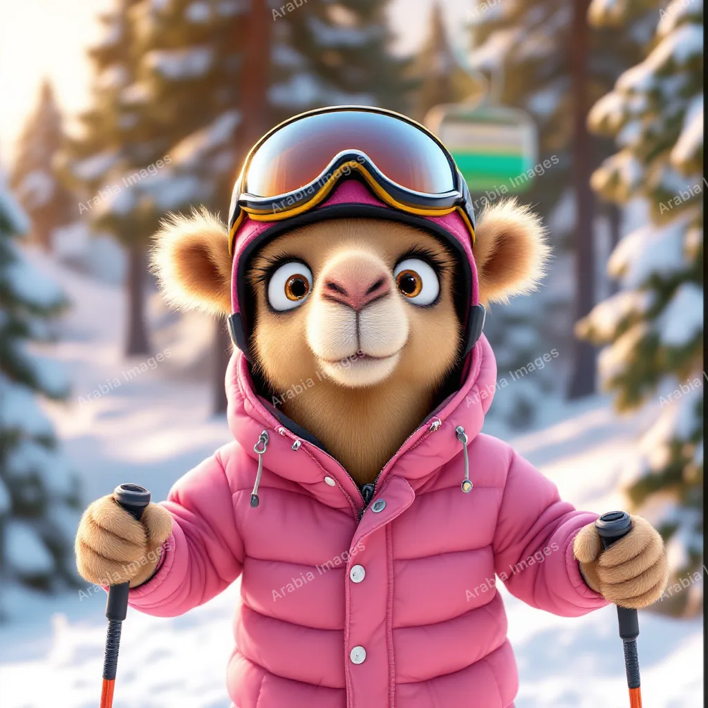 3D Cartoon Camel Skier in a Pink Puffer Jacket and Goggles