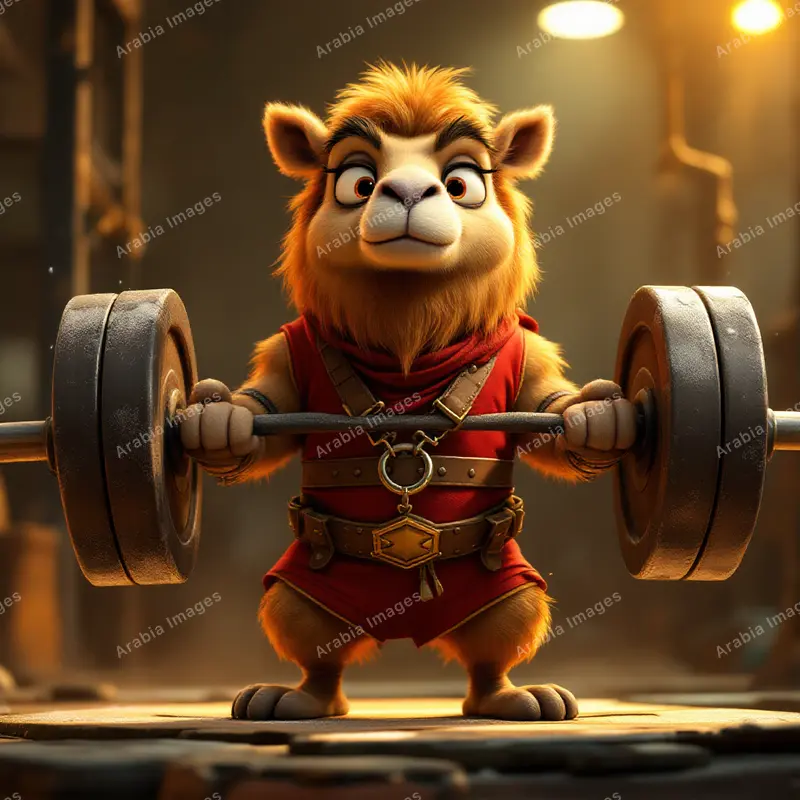 3D Cartoon Camel Weightlifter Hoisting a Barbell in a Dim Gym