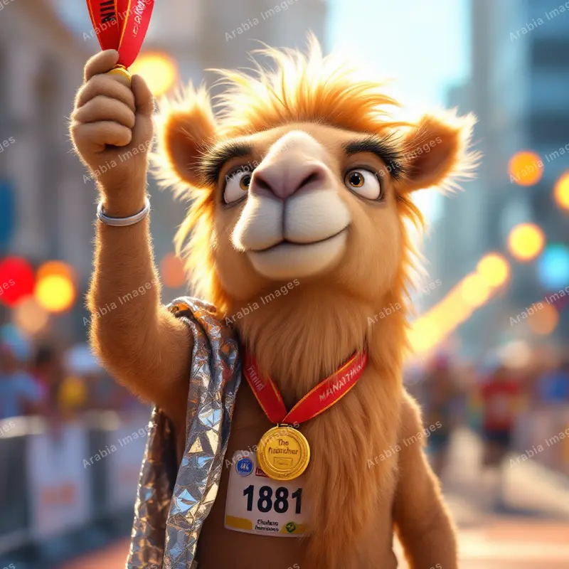 3D Cartoon Camel Marathon Runner with a Medal and Foil Blanket