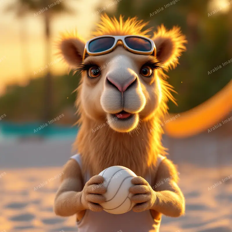 3D Cartoon Camel Holding a Volleyball on a Sunny Beach