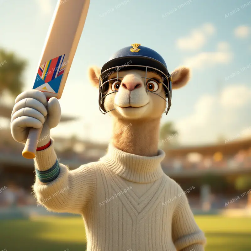 3D Cartoon Camel Cricketer in a Helmet Raising a Bat
