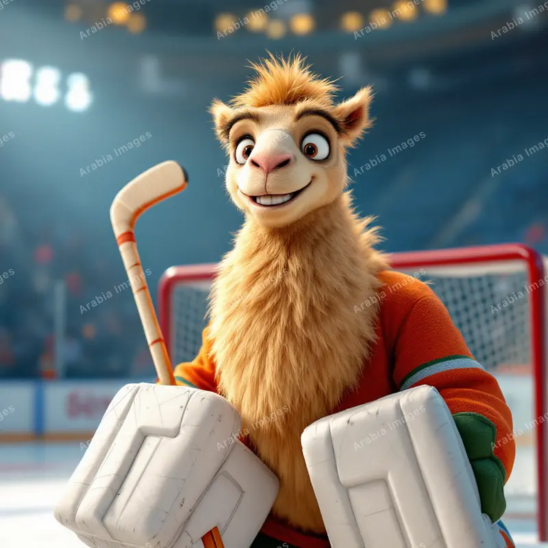 3D Cartoon Camel Hockey Goalie with Big Pads in Front of a Net