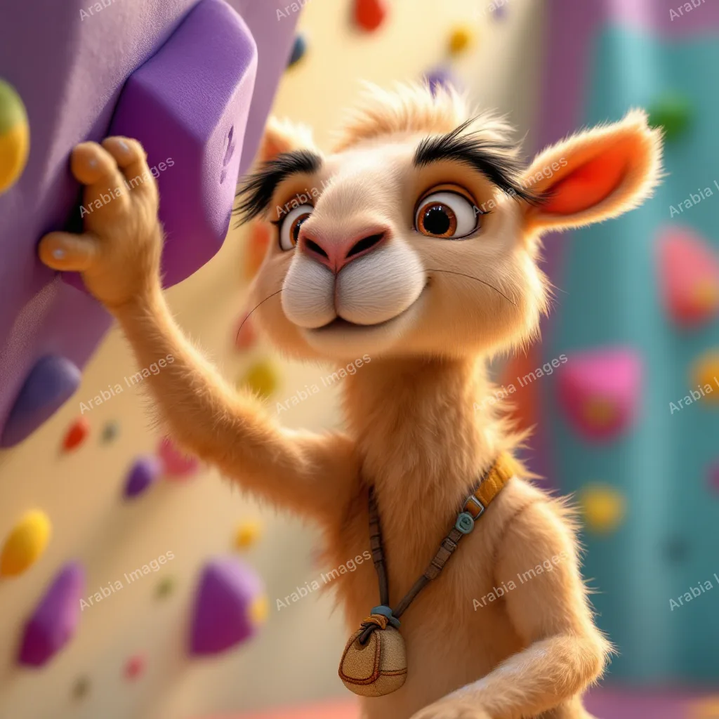 3D Cartoon Camel Gripping a Hold on an Indoor Climbing Wall