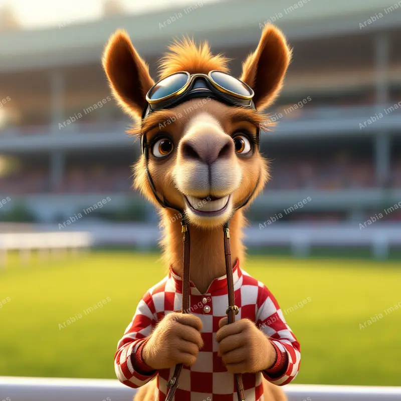 3D Cartoon Camel Jockey in Red Checked Silks at a Racecourse