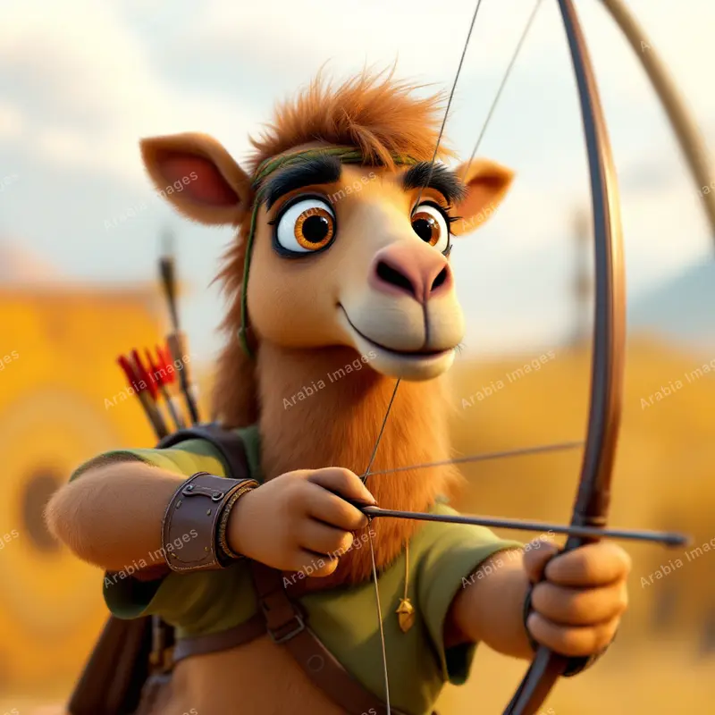 3D Cartoon Camel Archer Drawing a Longbow in a Green Tunic