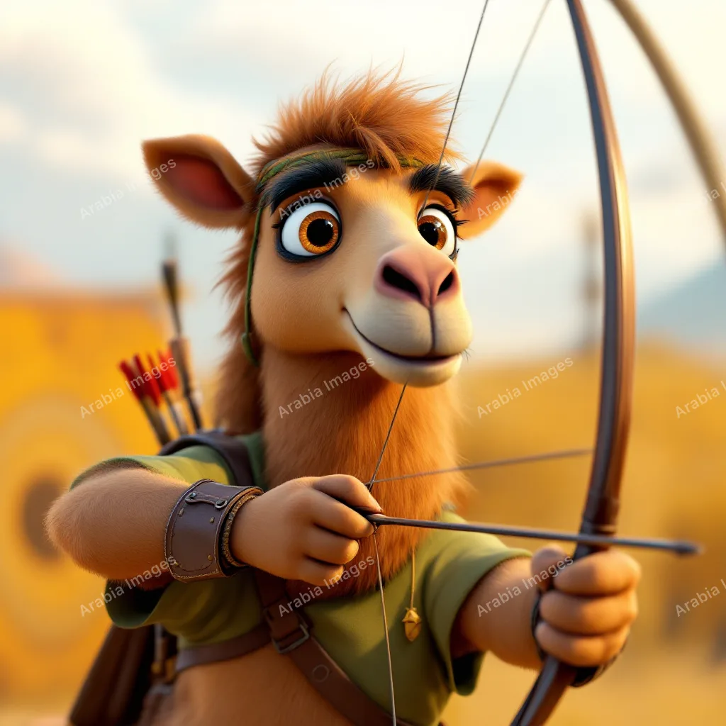 3D Cartoon Camel Archer Drawing a Longbow in a Green Tunic