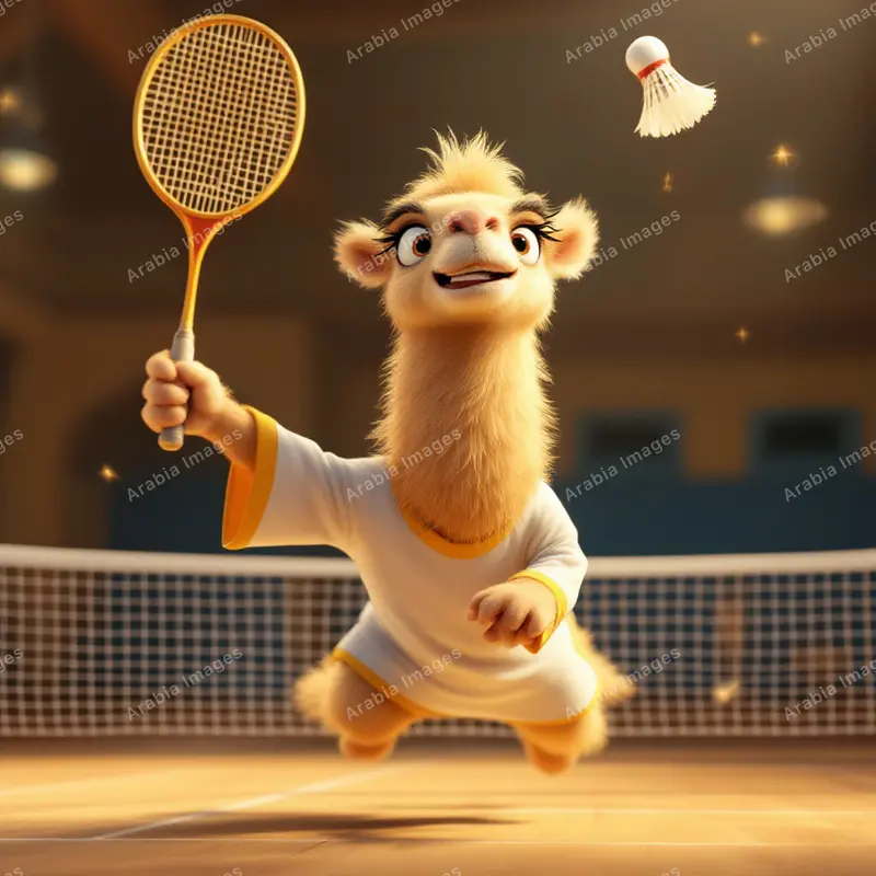 3D Cartoon Camel Leaping with a Badminton Racket and Shuttlecock