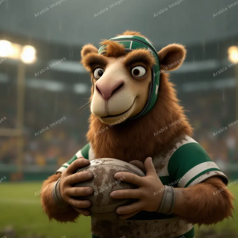 3D Cartoon Camel Rugby Player Clutching a Muddy Ball in the Rain