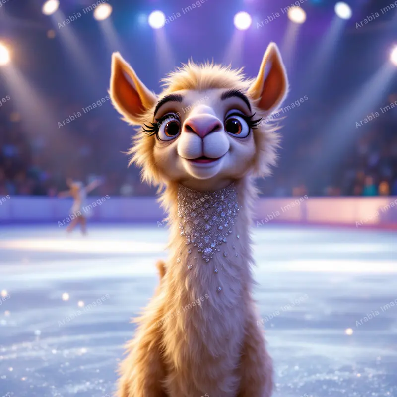 3D Cartoon Camel with a Sparkling Neck at an Ice Rink