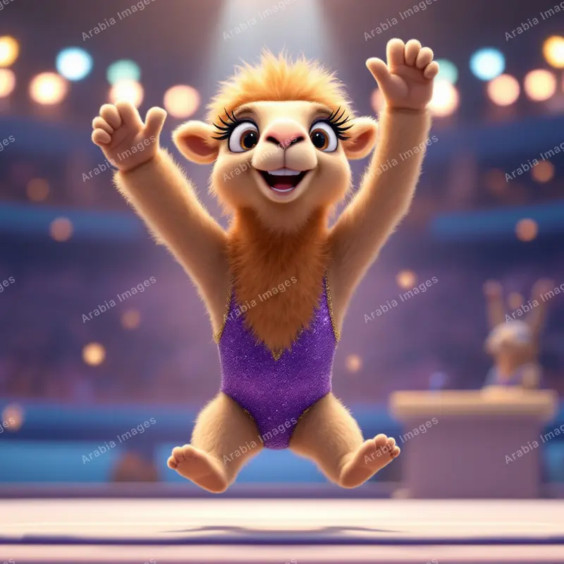 3D Cartoon Camel Gymnast in a Purple Leotard Leaping in an Arena