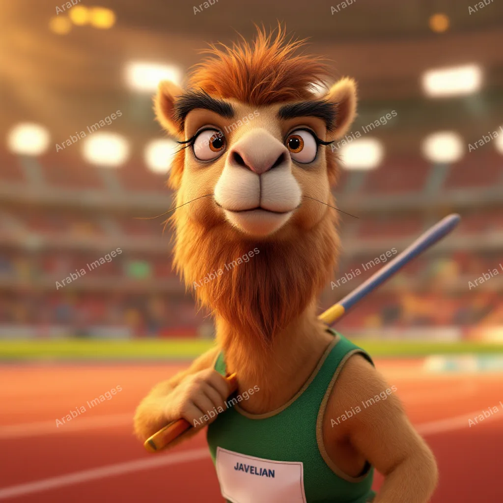 3D Cartoon Camel Holding a Javelin on a Red Running Track