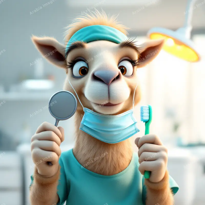 3D Cartoon Camel Dentist with a Mask, Mirror and Toothbrush