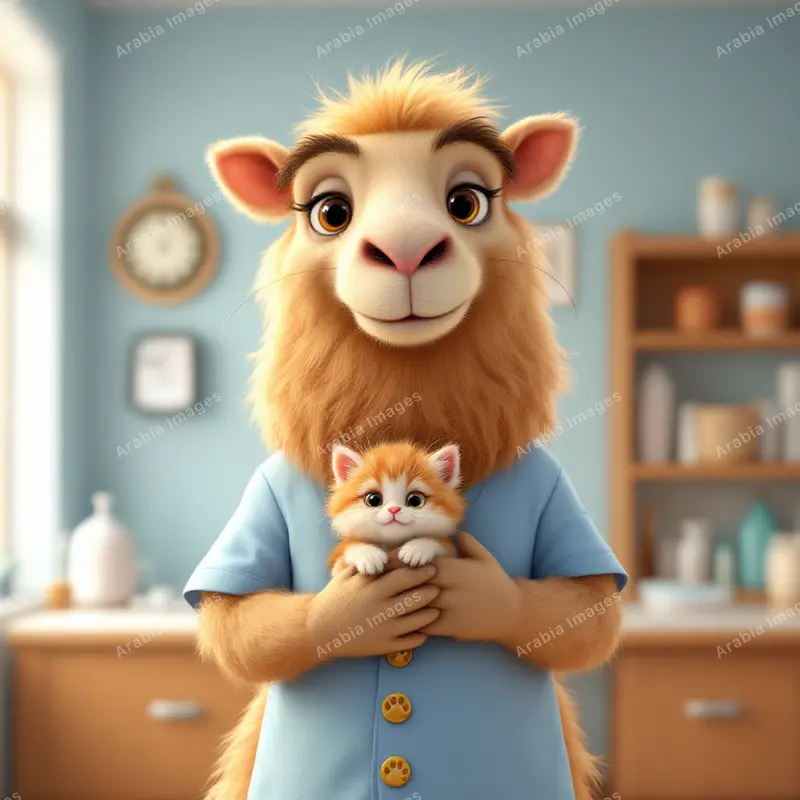 3D Cartoon Camel in Blue Scrubs Cradling a Ginger Kitten