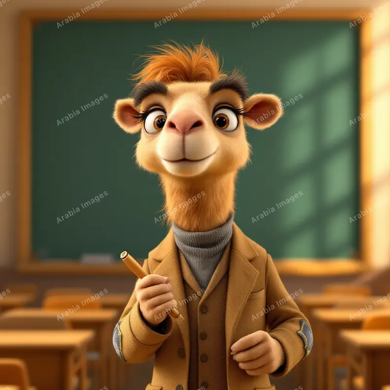 3D Cartoon Camel Teacher in a Tweed Jacket Before a Chalkboard