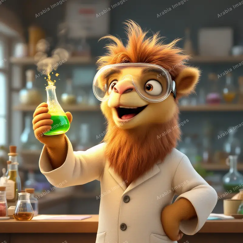 3D Cartoon Camel Scientist in Goggles Holding a Fizzing Green Flask