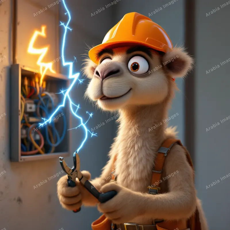 3D Cartoon Camel Electrician with Pliers by a Sparking Fuse Box