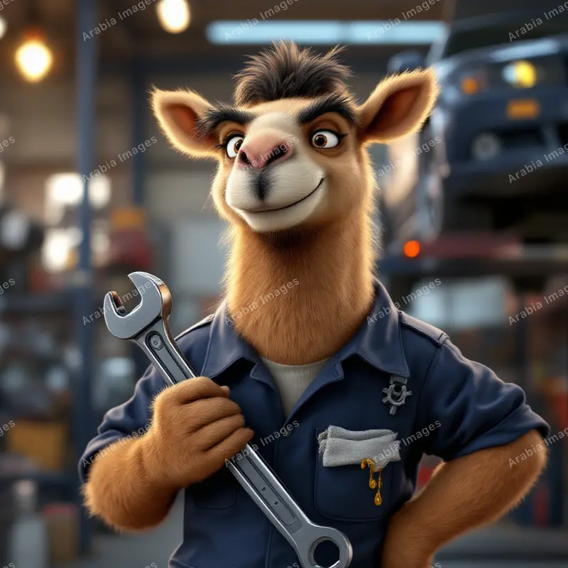 3D Cartoon Camel Mechanic Holding a Large Spanner in a Garage