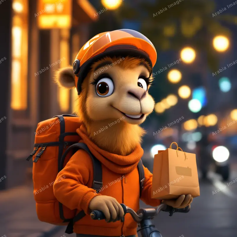 3D Cartoon Camel Courier on a Bike Holding a Paper Bag at Night