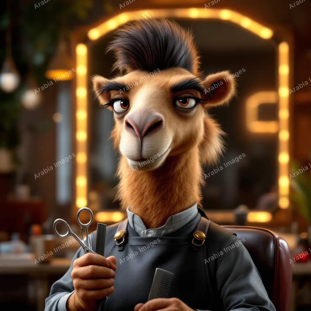 3D Cartoon Camel Barber with a Quiff Holding Scissors and a Comb