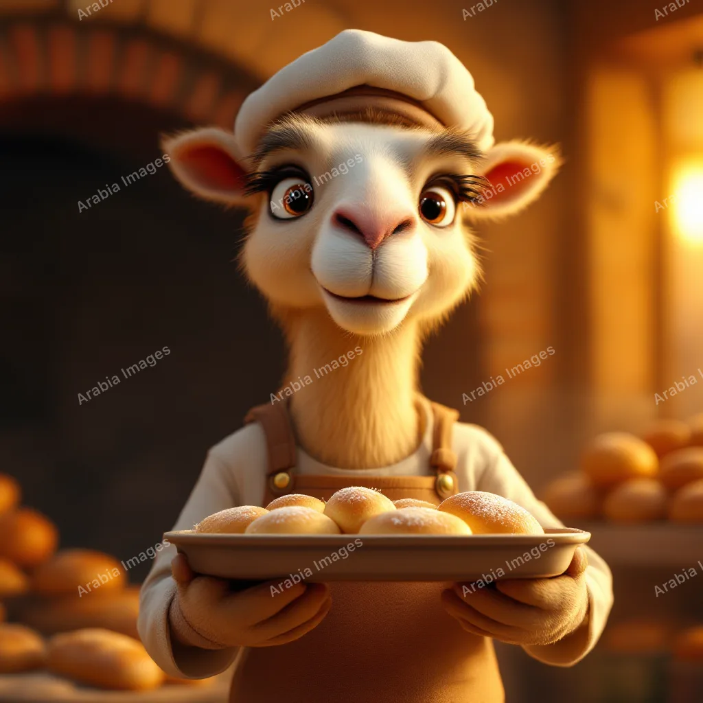 3D Cartoon Camel Baker Holding a Tray of Sugared Buns
