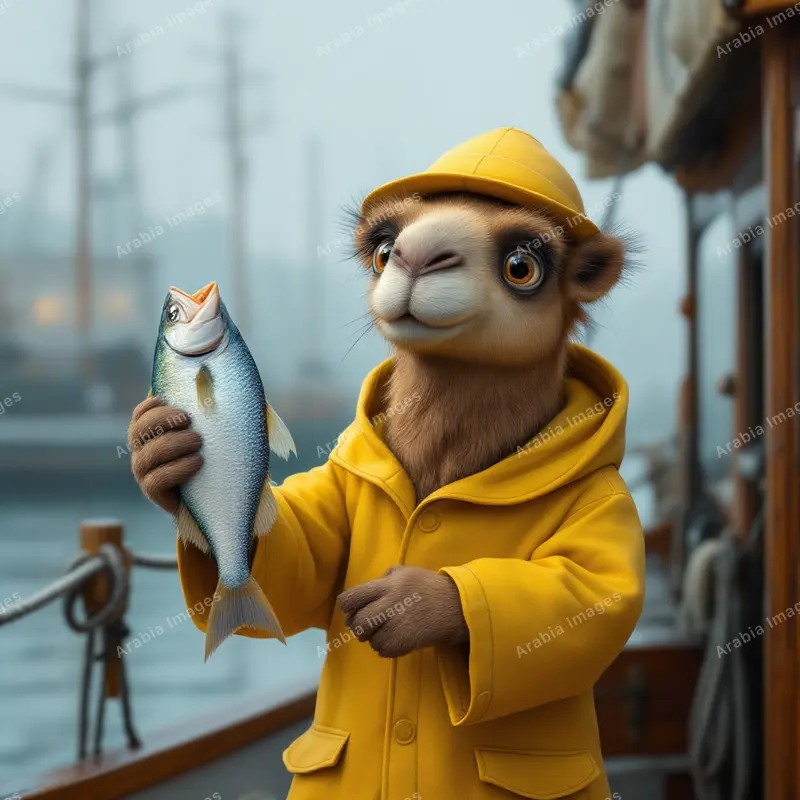 3D Cartoon Camel in a Yellow Raincoat Holding a Fish at the Harbour
